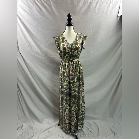 Boho Floral Print Flutter Sleeve Slit Thigh Dress - Picture 5 of 8